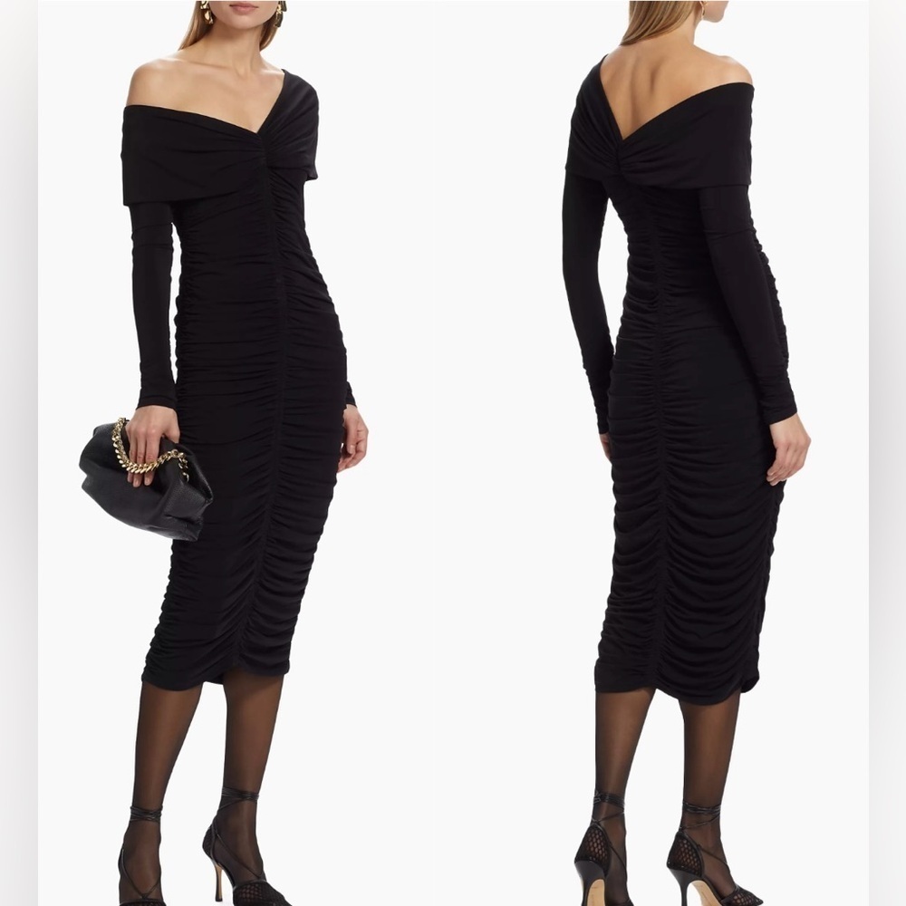 Nwot A.L.C. Off The Shoulder Long Sleeves Ruched Jersey Black Midi-Dress Sz Xs